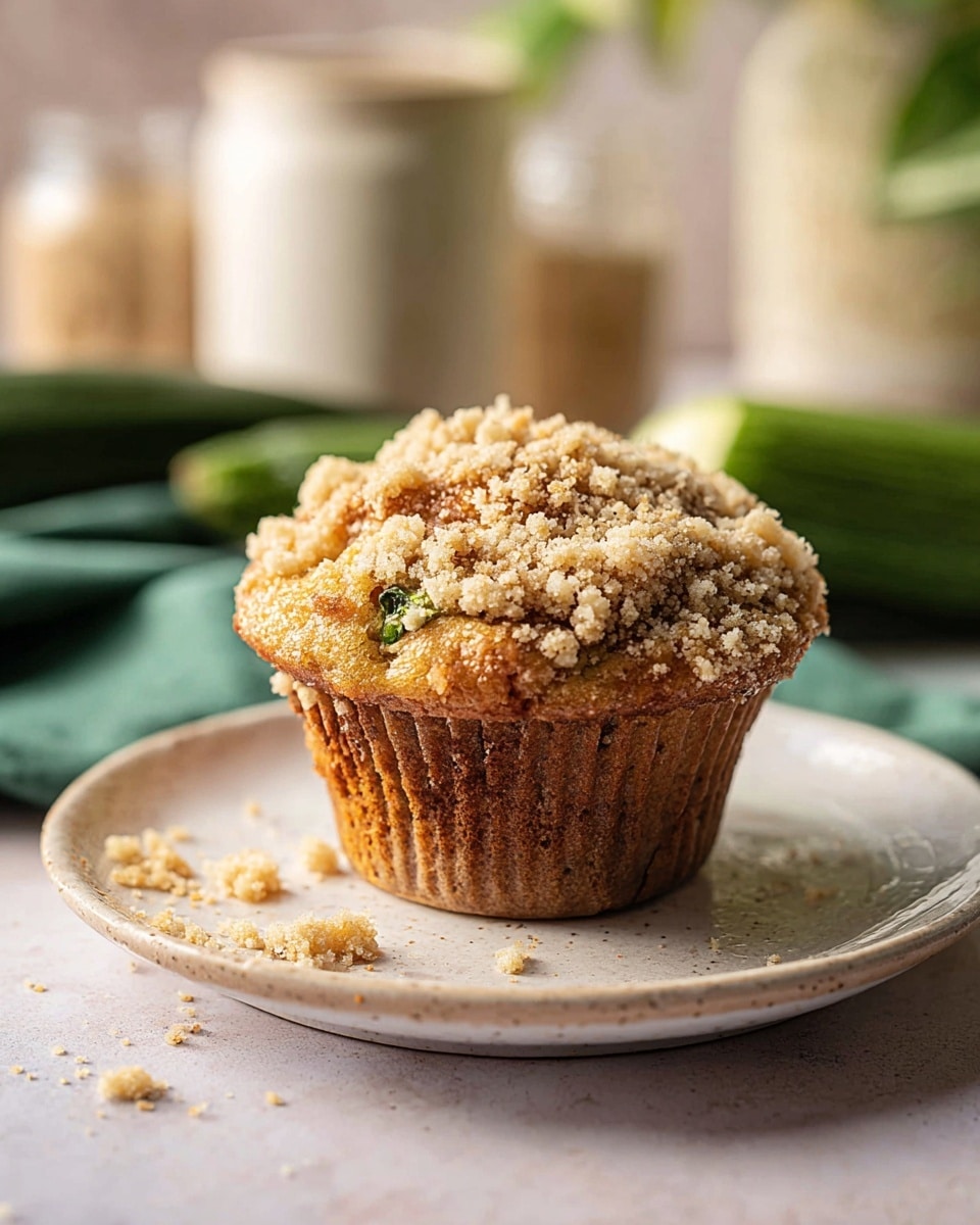 A single muffin sits on a small white plate with a slightly speckled texture. The muffin has one main layer which is a golden brown baked cake with small green bits visible inside. On top of the muffin, a crumbly streusel topping in light tan covers the surface unevenly, with some crumbs scattered around the plate. The background shows a soft out-of-focus setting with light-colored jars, a green cloth, a white marbled surface, and green zucchinis. The lighting is natural and bright, highlighting the textures of the muffin and streusel photo taken with an iphone --ar 4:5 --v 7