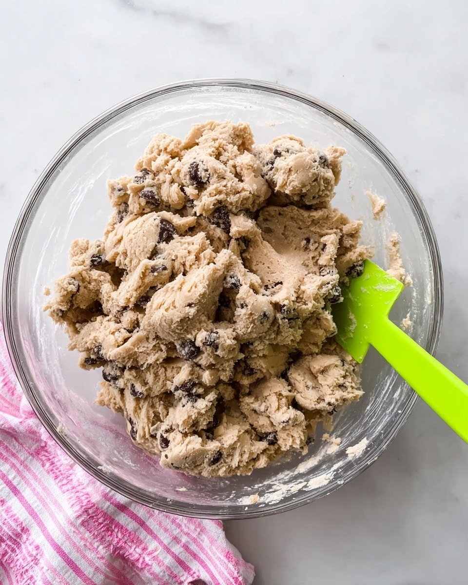 In a clear round glass bowl on a white marbled surface, there is a mix of rough, chunky cookie dough clumped unevenly together. The dough's color is light tan with some dark specks scattered throughout, showing bits of chocolate chips. On the right side of the bowl, a bright green spatula with a creamy residue leans inside the dough. Nearby, a part of a pink and white striped cloth is visible at the bottom edge of the image. The photo was taken with an iphone --ar 4:5 --v 7
