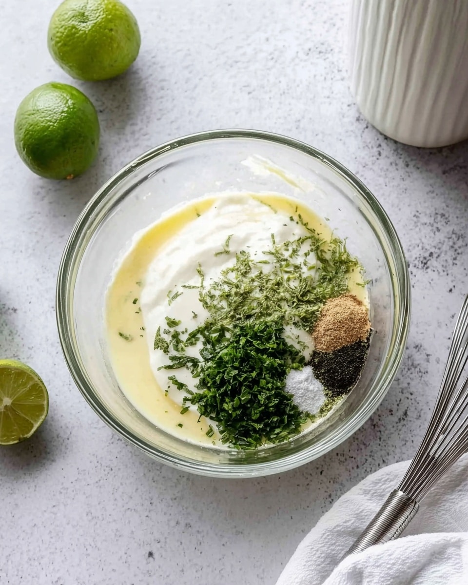 The image shows a clear glass bowl filled with separate layers of ingredients: a light yellow liquid at the bottom, a smooth white creamy layer above it, a small pile of green chopped herbs in one corner, and two small piles of light brown and black powders next to the herbs. The bowl sits on a white marbled surface with two halved green limes on the left side and a tall white container on the top right. A metal whisk and a white cloth are positioned on the bottom right. The light is soft and natural, creating a fresh and clean look. photo taken with an iphone --ar 4:5 --v 7