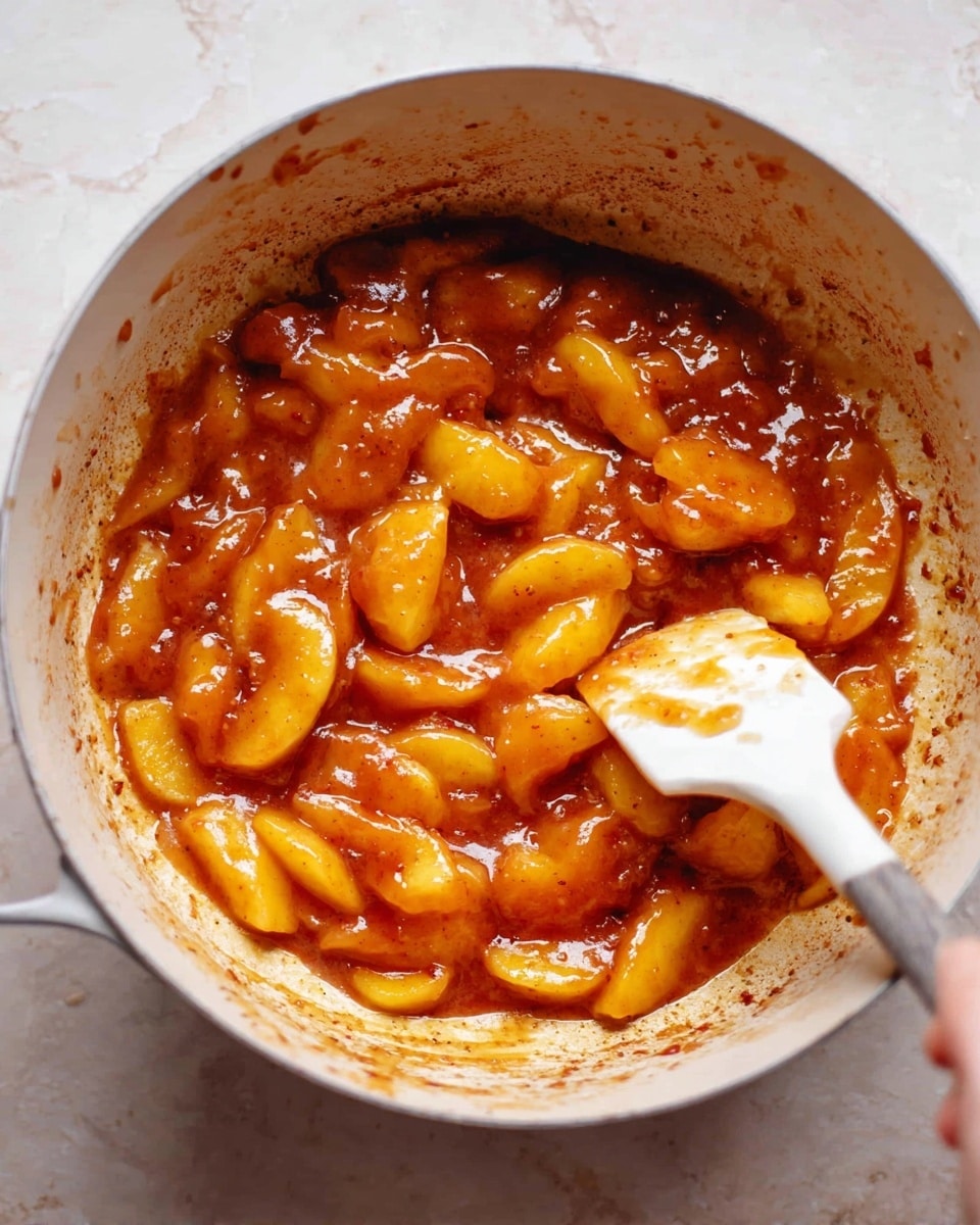 The image shows a white cooking pot filled with thick, glossy sauce that has a rich orange-brown color with visible chunks of soft yellow fruit slices mixed in. A white spatula with some sauce on it is partially inside the pot on the right side, held by a woman's hand. The sauce has a smooth texture with small darker specks and coats the fruit pieces evenly, giving a warm and rich look. The pot is set on a white marbled surface, and some sauce splatters are visible on the pot's inner sides. Photo taken with an iphone --ar 4:5 --v 7