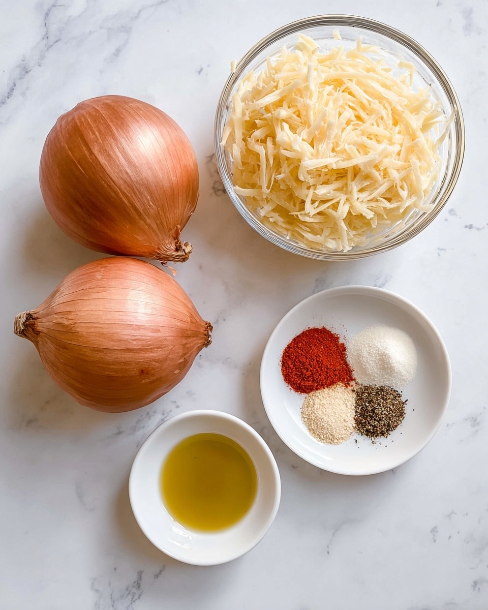 The image shows two whole brown onions with a smooth, papery texture resting on a white marbled surface, placed to the left side. Below and slightly right of the onions is a clear glass bowl filled with light yellow, thin shredded pieces resembling raw potatoes. To the right of the onions and above the bowl is a white bowl holding four small piles of powdery spices: white salt, red chili powder, black pepper, and a beige flour-like spice, arranged in a quadrant shape. Below this bowl, close to the bottom right corner, is a small white dish with a shiny pool of golden yellow oil. The scene is bright and evenly lit. Photo taken with an iphone --ar 4:5 --v 7