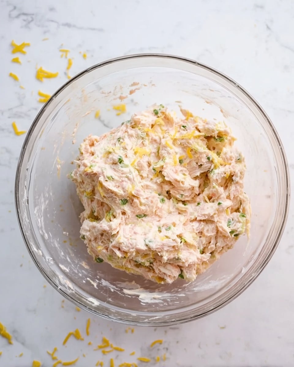 A clear glass bowl sits on a white marbled surface. Inside the bowl is a mixed, chunky spread with light pink and off-white tones, showing small soft bits and flecks of green throughout. The mixture looks creamy but thick, with textured lumps. Some small yellow shreds are visible near the bowl on the surface. Photo taken with an iphone --ar 4:5 --v 7