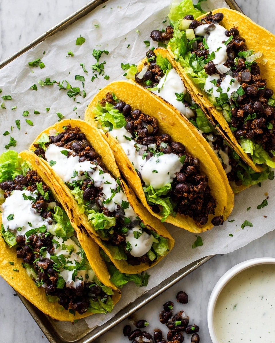 There are four tacos lined up on a baking tray with white parchment paper, placed on a white marbled surface. Each taco has a slightly toasted yellow corn tortilla as the base, holding a layer of chopped green lettuce. On top of the lettuce is a thick layer of cooked black beans mixed with small bits of onion and spices, with a dollop of white creamy sauce spread over the beans. The tacos are sprinkled with chopped fresh green herbs, likely cilantro, adding a fresh touch. A few loose black beans and herb pieces lie beside the tacos, and a small white bowl with more creamy sauce is partially visible in the bottom right corner of the image photo taken with an iphone --ar 4:5 --v 7
