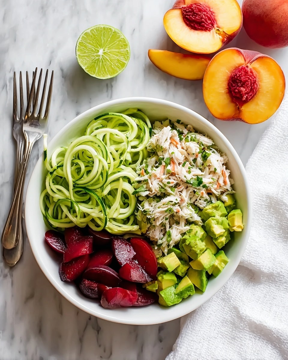 A white bowl filled with four clear sections: spiral-shaped light green cucumber noodles on the top left, small sliced dark red plums on the bottom left, diced bright green avocado pieces in the bottom center, and flaky light beige crab meat mixed with herbs on the right. A half lime with a bright green inside rests beside the crab meat. Above the bowl sliced lime and halved peaches with orange-yellow and reddish skin sit on a white marbled surface. Two forks lie to the left of the bowl and a white cloth is placed to the right. Photo taken with an iphone --ar 4:5 --v 7