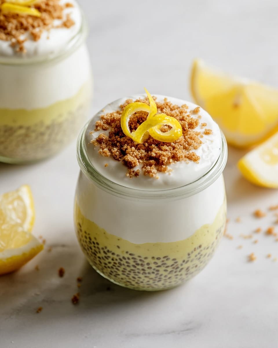 This image shows a small clear glass jar with three layers of food inside, placed on a white marbled surface. The bottom layer is pale yellow with small black chia seeds spread throughout, filling about two-thirds of the jar. The middle layer is a thick, white creamy topping, smooth in texture and covering the yellow layer evenly. The top layer consists of small brown crumb bits sprinkled around, with two small yellow lemon peel strips curled decoratively in the center. In the background, there is a second jar matching the first one, partially visible, and two lemon wedge pieces on the surface nearby. Photo taken with an iphone --ar 4:5 --v 7