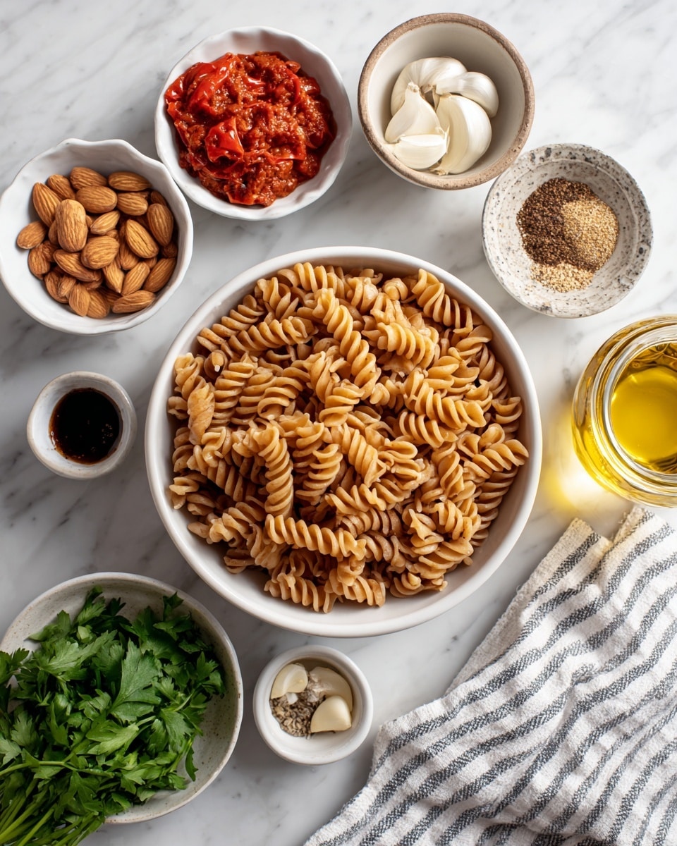 A large white bowl filled with light brown spiral pasta sits in the center on a white marbled surface. Around it are seven small white bowls with different ingredients: one bowl contains whole almonds with a smooth brown shell, another has bright red roasted peppers with slight charring, a fluted bowl holds fresh green parsley leaves, a small bowl has thick red tomato paste, a tiny bowl shows a mix of white salt and several dark spices, a round bowl contains dark brown liquid, and a patterned dish holds peeled garlic cloves. A glass jar with golden olive oil is also visible near the bottom right. A striped white and grey cloth is on the right side. photo taken with an iphone --ar 4:5 --v 7