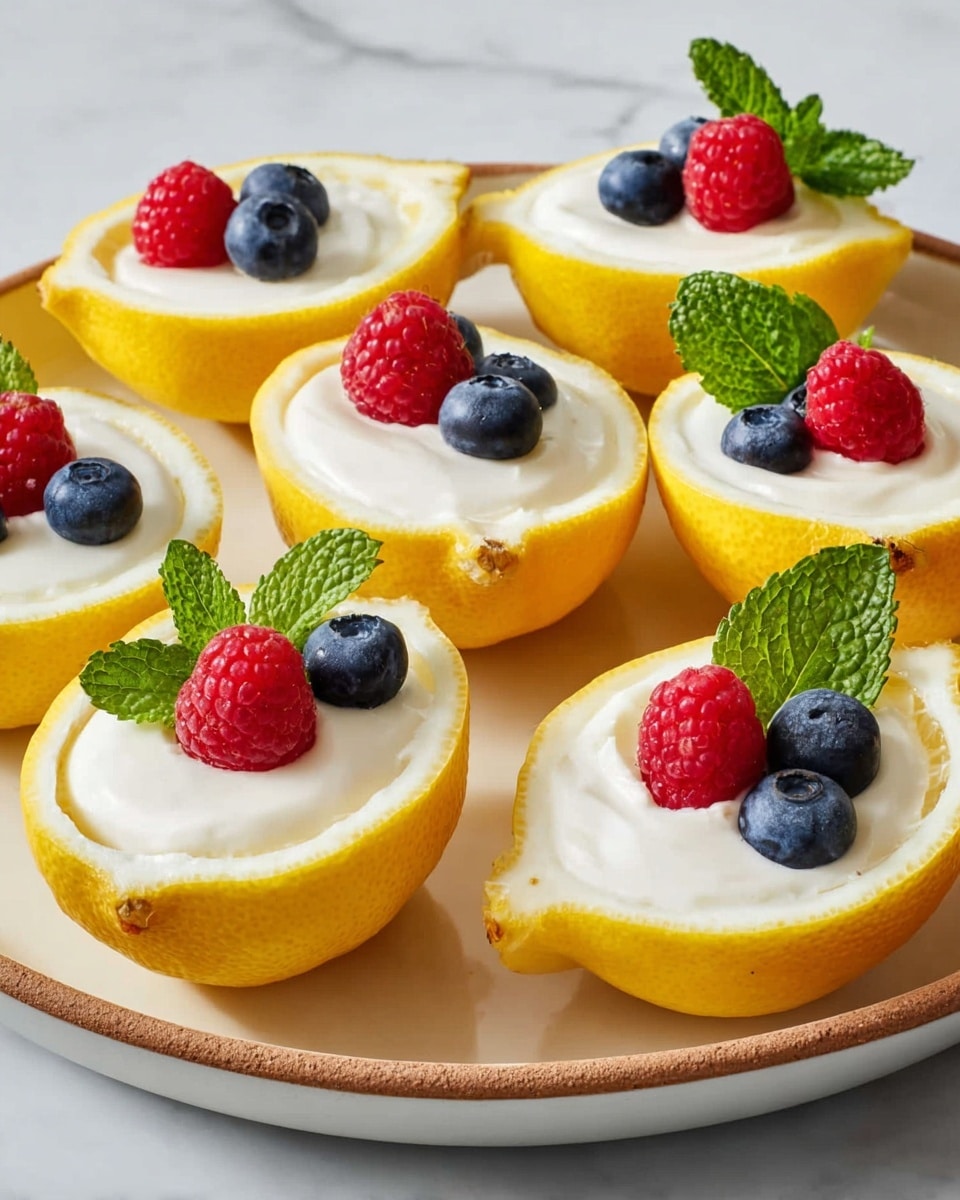 The image shows eight lemon halves filled with smooth white cream, arranged on a white plate with a white marbled surface underneath. Each lemon half has a bright yellow outer peel, with a creamy white filling inside that looks soft and thick. On top of each cream layer, there are two or three small berries, which are either red raspberries or dark blue blueberries, along with a small green mint leaf for decoration. The lemons are neatly placed on the plate, showing vibrant colors and fresh textures. photo taken with an iphone --ar 4:5 --v 7