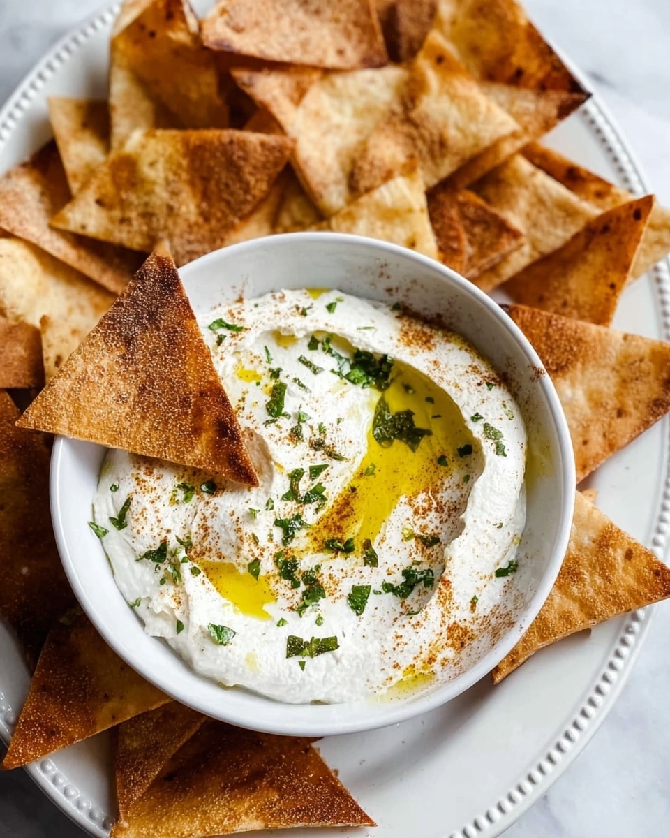 A white round bowl filled with thick creamy white dip that has a small pool of olive oil in the center, sprinkled with finely chopped green herbs and a dusting of light brown spice. One triangular pita chip, golden brown and crisp with some darker toasted spots, rests inside the dip. Around the bowl, multiple triangular pita chips, each showing a rough, crunchy texture and light to medium golden brown color, are arranged on a large white plate with a beaded edge detail. The whole scene is set on a white marbled surface. Photo taken with an iphone --ar 4:5 --v 7