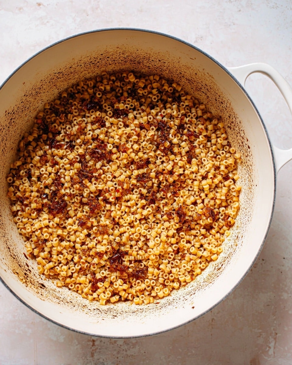 Inside a large white cooking pot, there is one visible layer of cooked small round pasta or grains mixed with bits of browned onions and spices scattered throughout. The pasta is golden-brown with some parts slightly darker, showing a toasted texture. The inside surface of the pot has some dark browned spots around the edges, adding a rustic look. The pot handle is visible on the right side and the pot is placed on a white marbled surface. Photo taken with an iphone --ar 4:5 --v 7