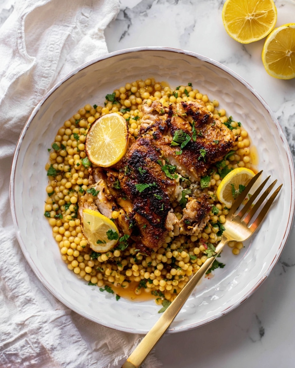 A white plate holds a dish with three main layers: the bottom layer is golden-yellow cooked pearl couscous mixed with small bits of green herbs, some black pepper, and a light sauce. On top of this is a piece of browned, grilled chicken with a crispy dark golden crust and scattered green herbs. There are two thin lemon slices placed under the chicken, adding a pop of bright yellow color. To the right side of the plate, a golden fork rests partially on the couscous. The plate sits on a white marbled surface with a white cloth napkin on the top left and a lemon slice in the top right corner. Photo taken with an iphone --ar 4:5 --v 7