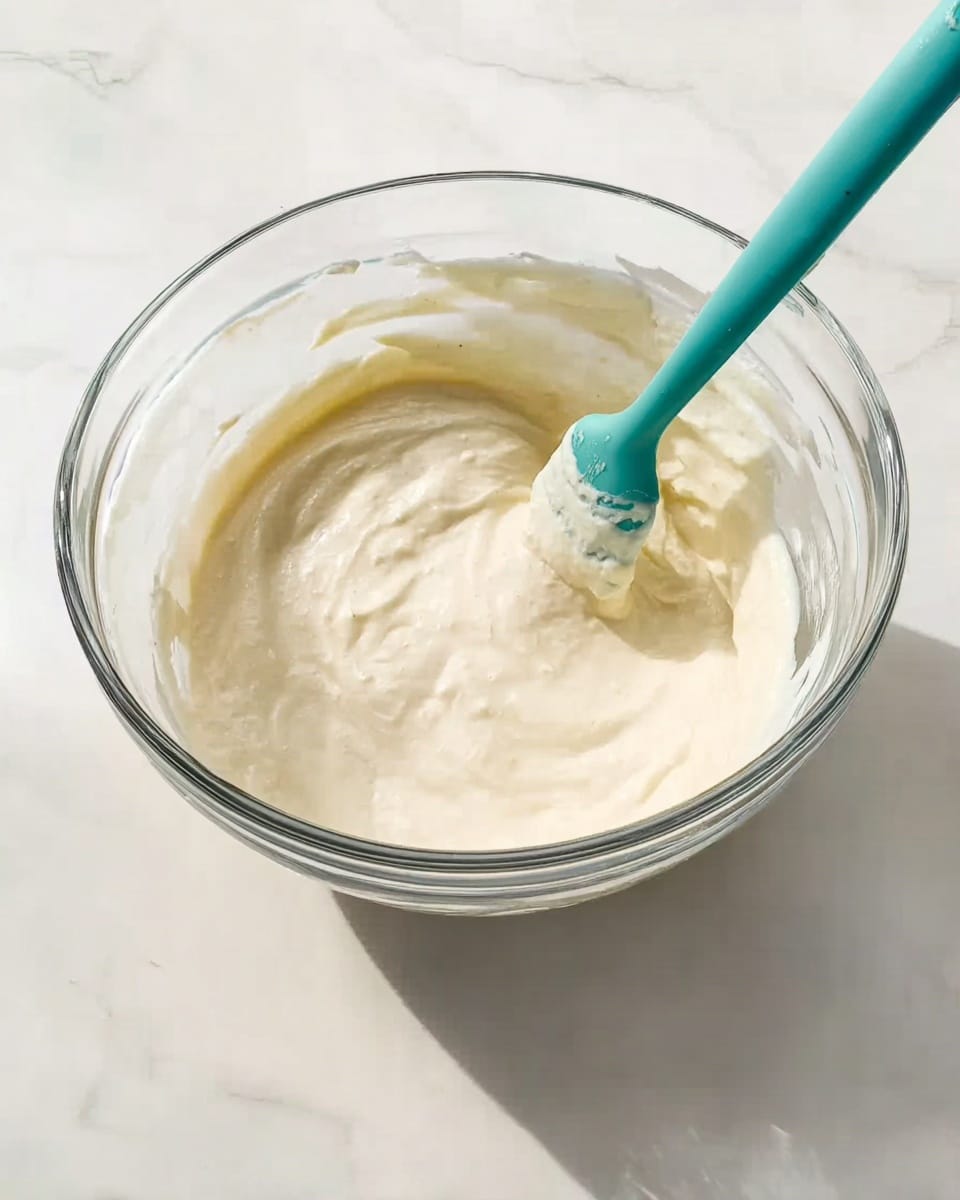 A clear glass bowl filled with a thick, smooth, creamy white batter. A teal spatula is in the batter, mid-stir, with its edge slightly covered by the mixture. The bowl sits on a white marbled surface with soft natural light highlighting the creamy texture. photo taken with an iphone --ar 4:5 --v 7