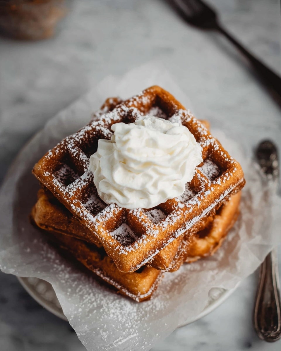 A stack of three square golden-brown waffles with a crisp texture sits at the center of a white plate lined with parchment paper. The waffles are dusted generously with powdered sugar, giving a light snowy effect. On the top waffle, there is a thick dollop of smooth white whipped cream, slightly swirled. The plate rests on a white marbled surface, and to the side, a fork and knife lie partially visible. photo taken with an iphone --ar 4:5 --v 7