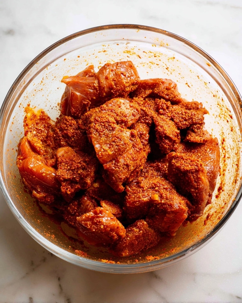 A clear glass bowl contains raw pieces of meat covered in a thick, reddish-orange spice mix, giving the meat a rich, slightly grainy texture. The meat pieces vary in size and shape, closely packed together, with the spice blend coating every surface showing small clumps of seasoning. The bowl rests on a white marbled surface with some spice residue sticking to the inside walls of the bowl. photo taken with an iphone --ar 4:5 --v 7