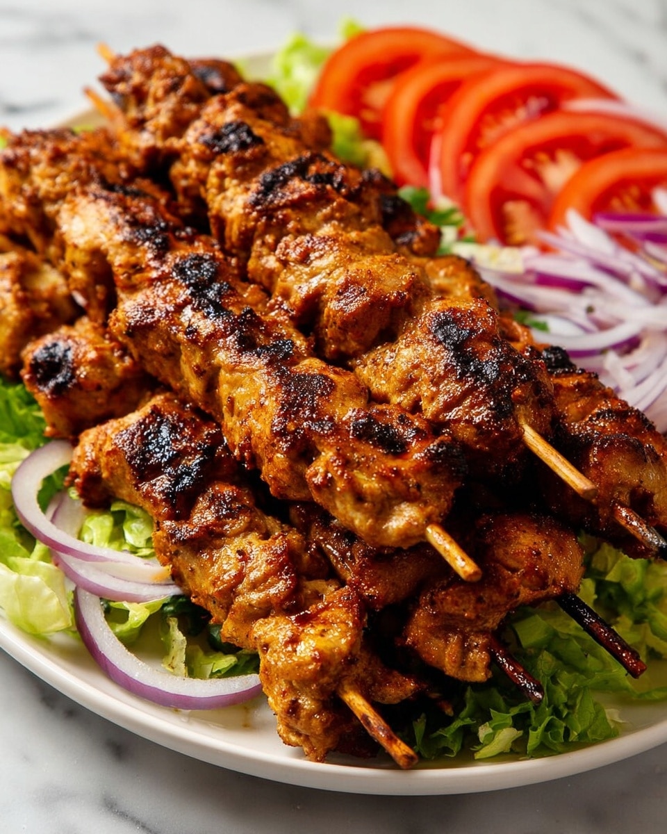 The image shows a white plate filled with several grilled skewers of meat stacked on top of each other. The meat is golden-brown with darker char marks, giving it a slightly crispy texture. Behind the skewers, there are fresh vegetable slices arranged in layers: thin green lettuce leaves, bright red tomato slices, and light purple onion rings. The plate sits on a white marbled surface. photo taken with an iphone --ar 4:5 --v 7