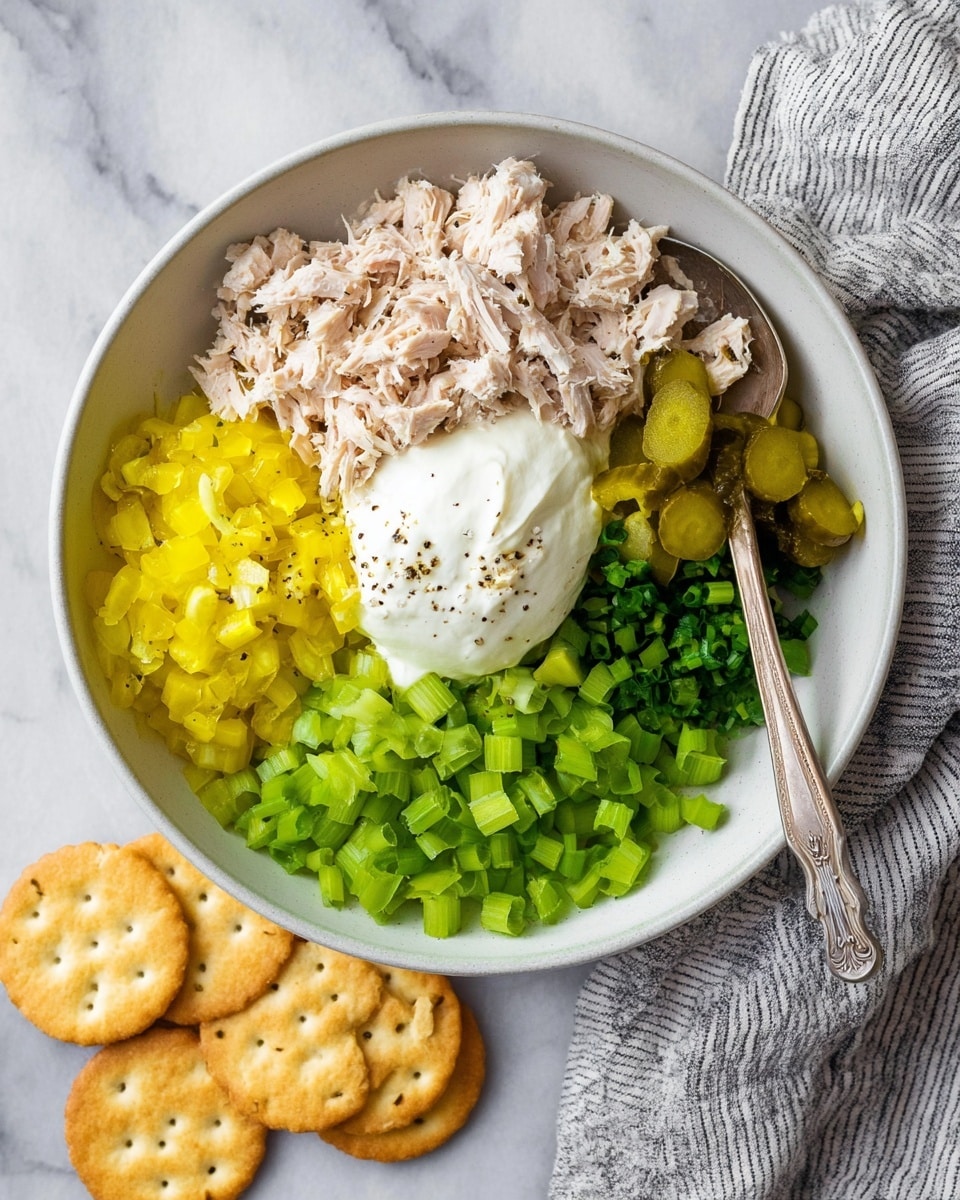 A white bowl on a white marbled surface contains five main layers of ingredients arranged side by side without mixing: flaked light beige tuna pieces in the upper left section, a dollop of smooth white mayonnaise in the center, finely chopped bright yellow pickles with a small pinch of white sugar on top in the lower left, finely chopped light green celery with cracked black pepper on top in the upper right, and finely chopped dark green scallions in the lower right. A vintage silver spoon rests on the right edge of the bowl, and a striped cloth napkin is partially visible at the bottom. Several round golden crackers lie around the bowl on the white marbled surface. photo taken with an iphone --ar 4:5 --v 7
