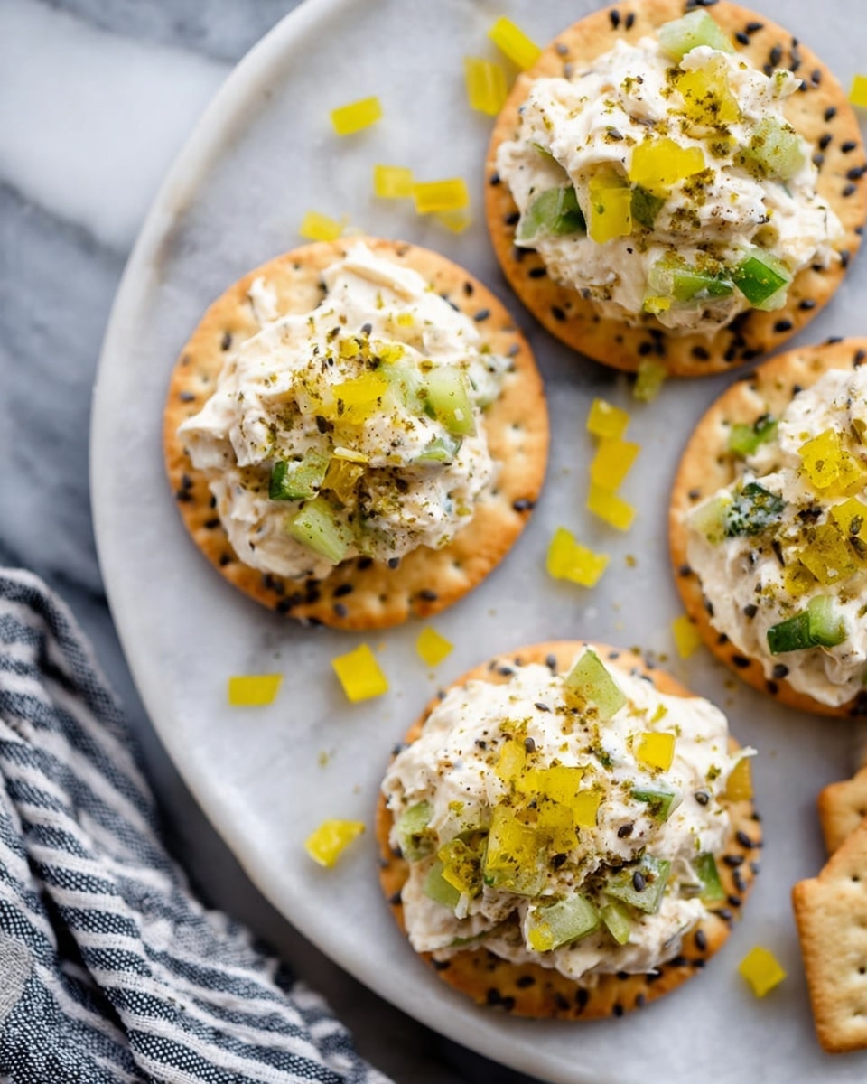 There are round crackers that are light brown with black and white seeds on top, each topped with a thick layer of white creamy spread mixed with small green vegetable pieces and sprinkled with small bright yellow chopped pieces. Some of these yellow pieces are also scattered on the white marbled surface around the crackers. The plate holding the crackers is white and the background is a white marbled texture with a striped cloth partially visible to the side. Photo taken with an iphone --ar 4:5 --v 7