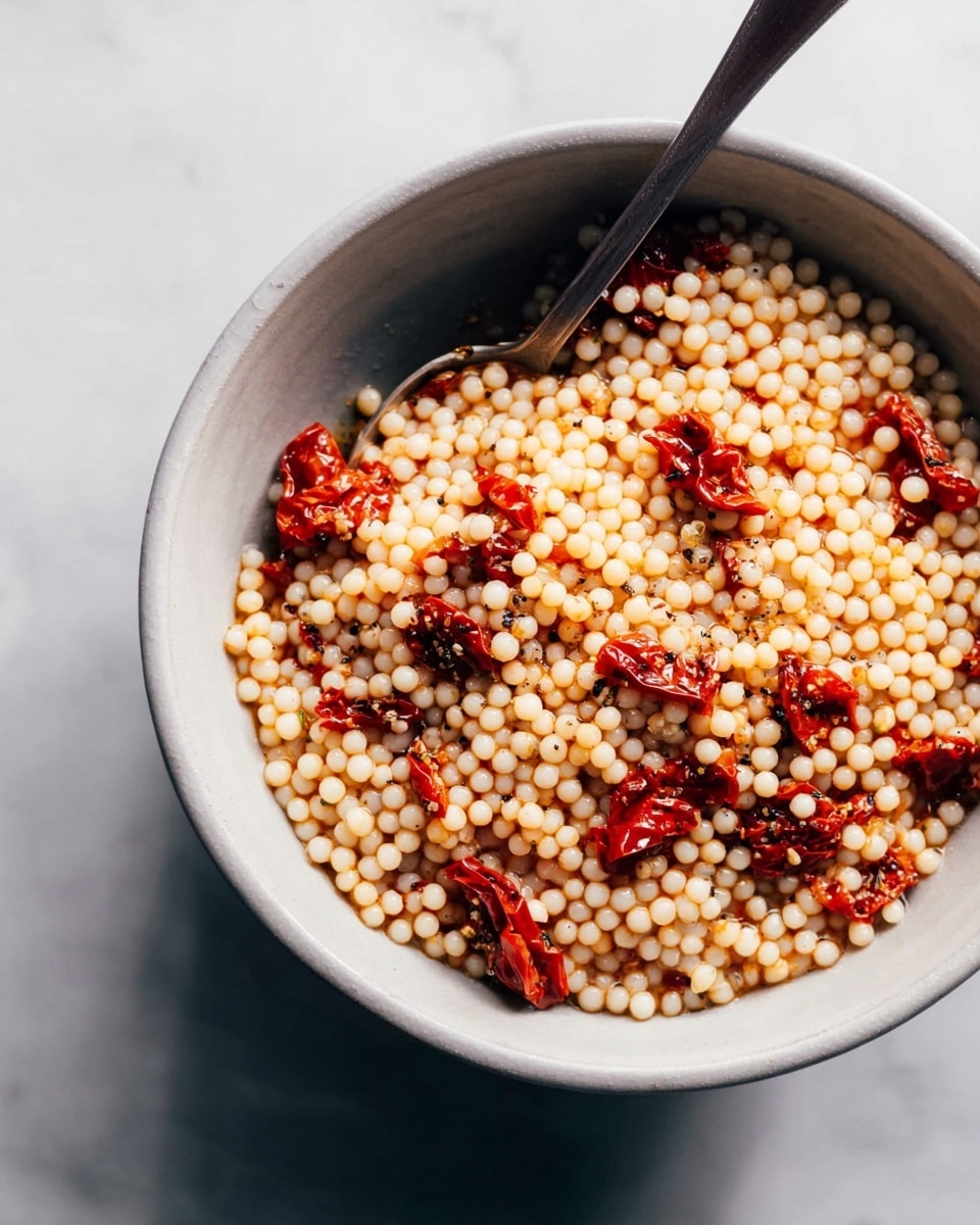 A close-up of a white bowl filled with small, pale round grains mixed with pieces of bright red sun-dried tomatoes, all coated in a light oily sauce with some black pepper sprinkled on top, a dark spoon is placed inside the bowl, and the bowl sits on a white marbled surface photo taken with an iphone --ar 4:5 --v 7