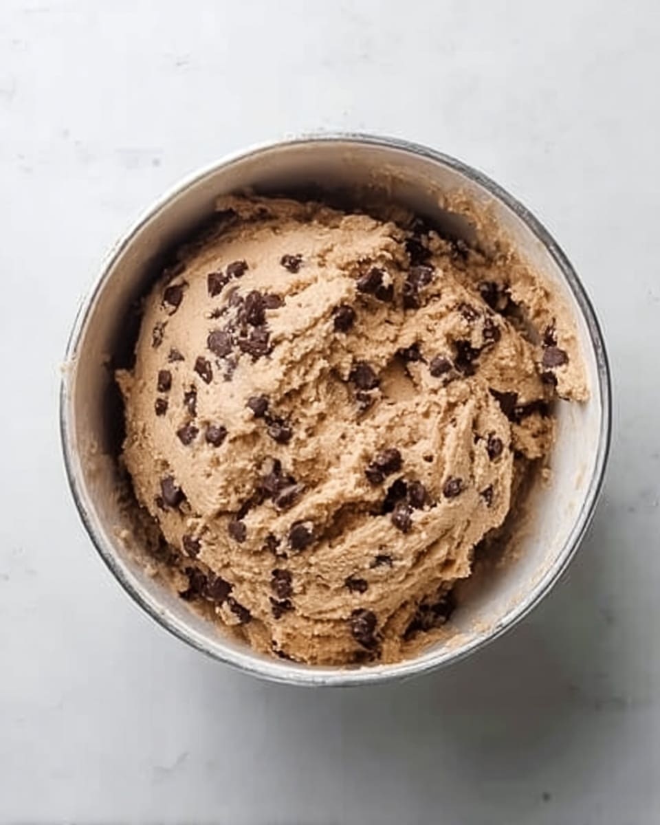 A white round metal bowl filled with thick, light brown cookie dough mixed with dark chocolate chips throughout. The dough has a slightly rough texture with visible folds and scoops, placed centrally inside the bowl. The bowl is sitting on a white marbled surface. photo taken with an iphone --ar 4:5 --v 7