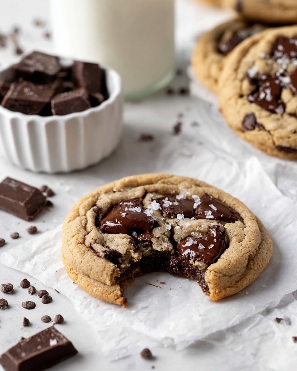 The image shows a soft, round cookie with a bite taken from the bottom left side, revealing a dark chocolate center. The cookie is loaded with large, melted chocolate chunks scattered on the surface, with some sprinkled coarse salt crystals on top. In the background, there is a white fluted bowl filled with more dark chocolate pieces and a white jar with milk. The cookie rests on a piece of white parchment paper, and the whole setting is placed on a white marbled surface. Photo taken with an iphone --ar 4:5 --v 7