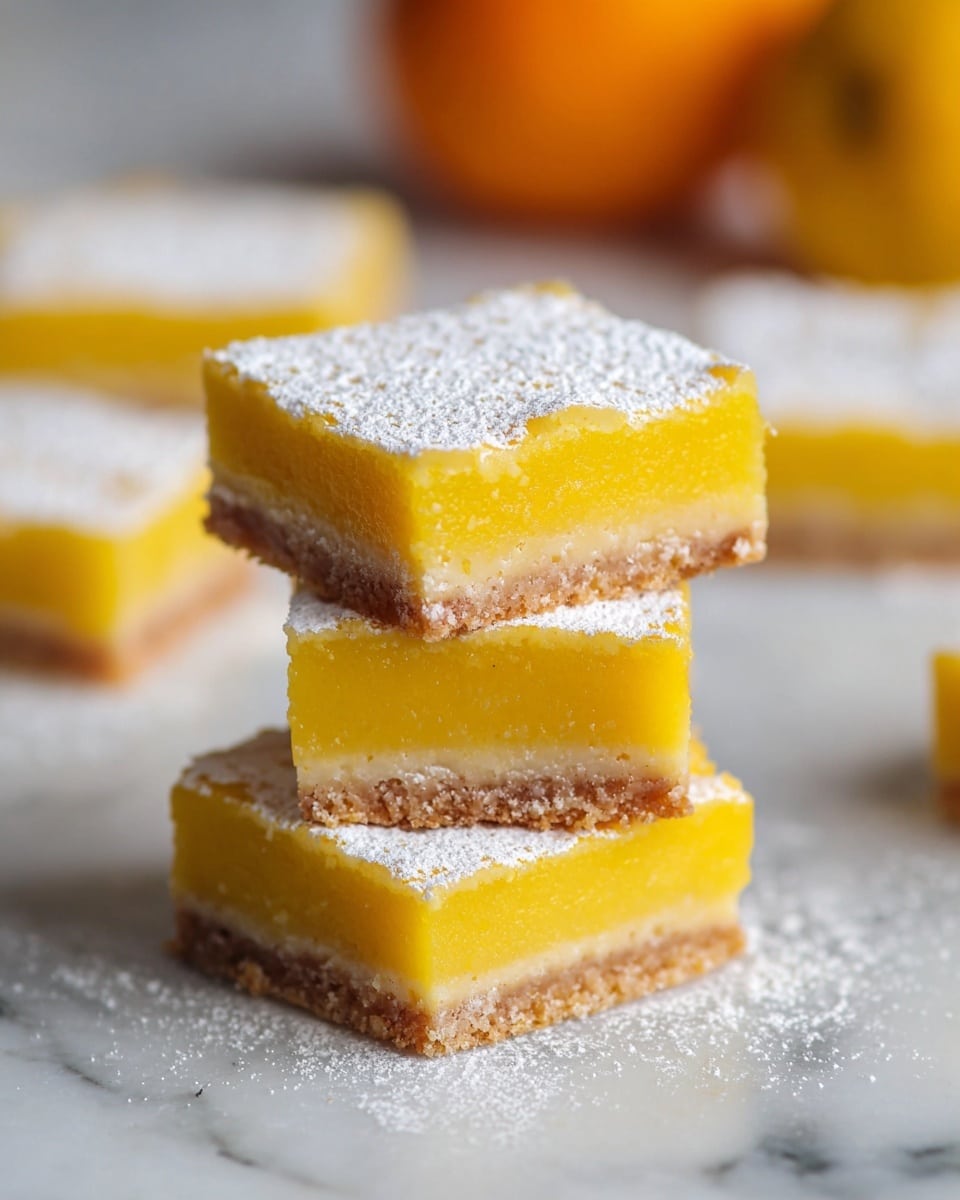 The image shows three square lemon bars stacked on top of each other on a white marbled surface. Each lemon bar has two layers: a bottom layer that is light brown and crumbly, and a top layer that is bright yellow and smooth. The yellow layer is dusted with a light white powdered sugar on top. In the background, there are more lemon bars and a blurry orange fruit. The lighting is soft and natural, highlighting the texture and colors of the bars. photo taken with an iphone --ar 4:5 --v 7