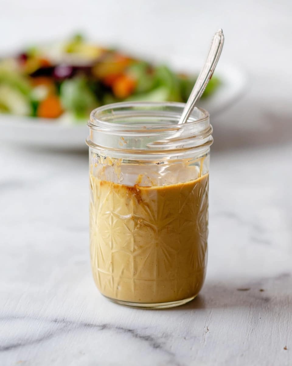 A glass jar with raised patterns holds a creamy, light brown dressing filling about one-fourth of the jar, with some dressing residue near the top inside edge. A small silver spoon is placed inside the jar, slightly leaning against its rim. The jar is on a white marbled surface, and in the blurred background, there is a white plate with a mixed salad featuring various colors like green and orange. The image has soft, natural lighting and a clean, simple setting photo taken with an iphone --ar 4:5 --v 7