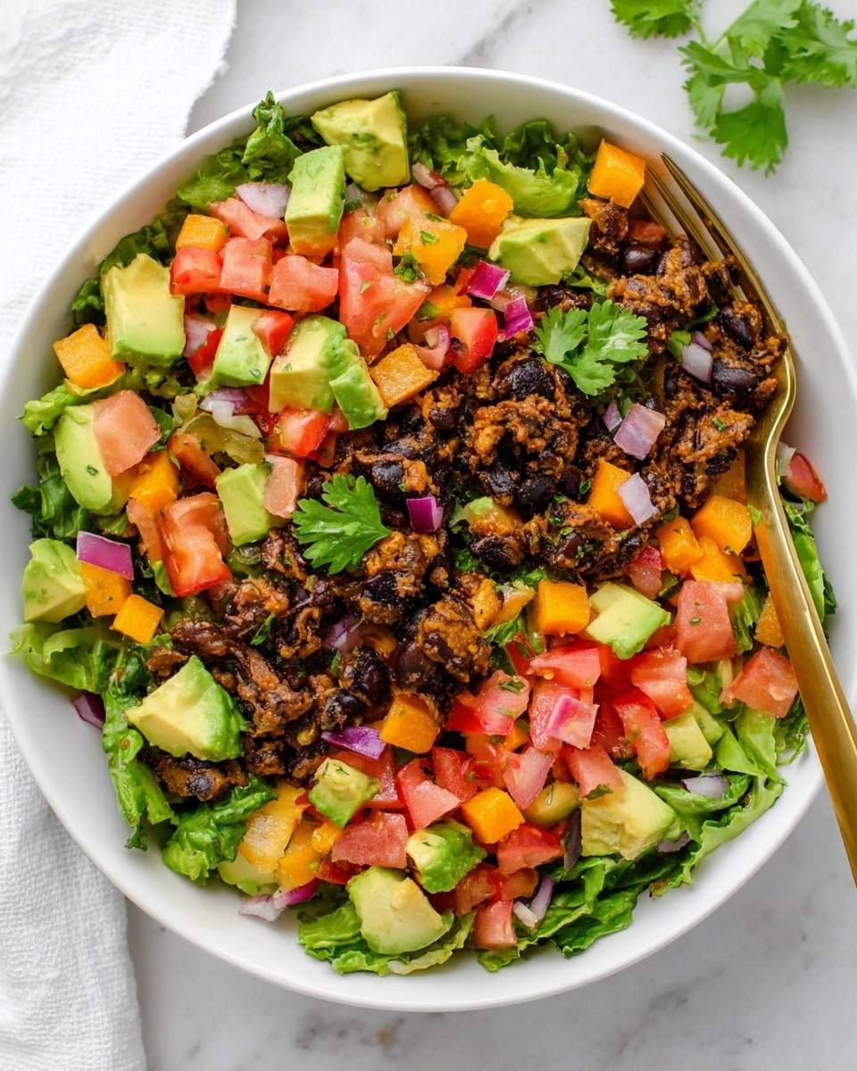 A white bowl filled with a colorful salad sits on a white marbled surface. The base layer is green leafy lettuce, topped with chunks of bright green avocado and diced red tomatoes. There are small cubes of orange cheese scattered throughout, along with pieces of green pickles and bits of red onion. The top layer has crumbled black bean pieces with a slightly crispy texture, and a sprig of fresh green parsley sits in the center. A gold fork rests inside the bowl on the right side. photo taken with an iphone --ar 4:5 --v 7