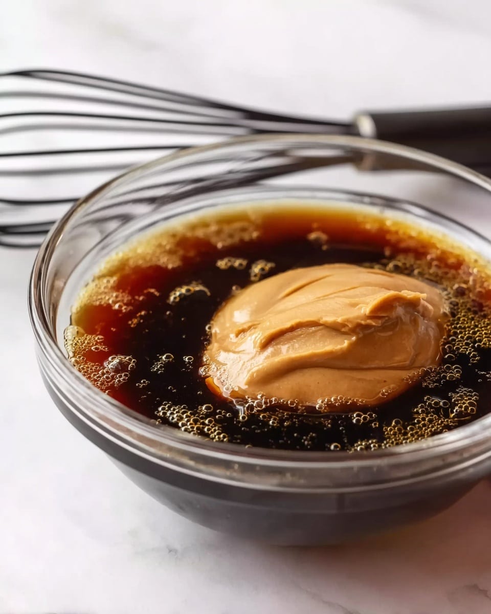 A clear glass bowl holds a dark brown liquid with small shiny oil bubbles floating on the surface, and a large dollop of smooth, light brown paste sits in the middle, slightly blending into the liquid. The bowl is placed on a white marbled surface, with a black whisk resting behind it, partially visible near the top edge. Photo taken with an iphone --ar 4:5 --v 7