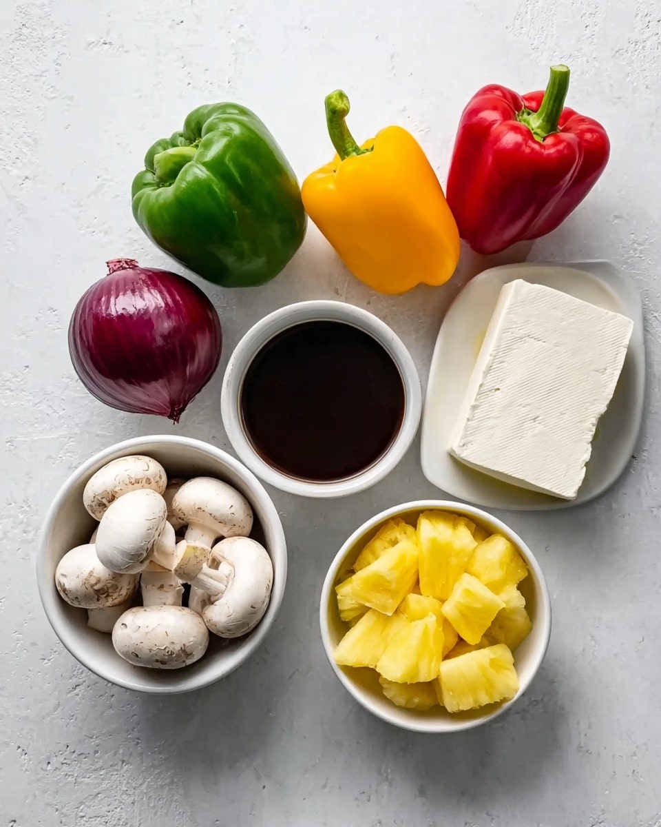 The image shows seven food items arranged on a white marbled surface. In the top right is a white plate holding a rectangular block of tofu. Around it are three whole bell peppers in green, red, and yellow colors placed in a triangle shape. Below the tofu, slightly to the right, is a white bowl filled with dark brown sauce. To the left of the sauce bowl is a small purple onion, and to the left of that is a white bowl filled with whole white mushrooms. Finally, above the mushrooms is another white bowl holding bright yellow pineapple chunks. photo taken with an iphone --ar 4:5 --v 7