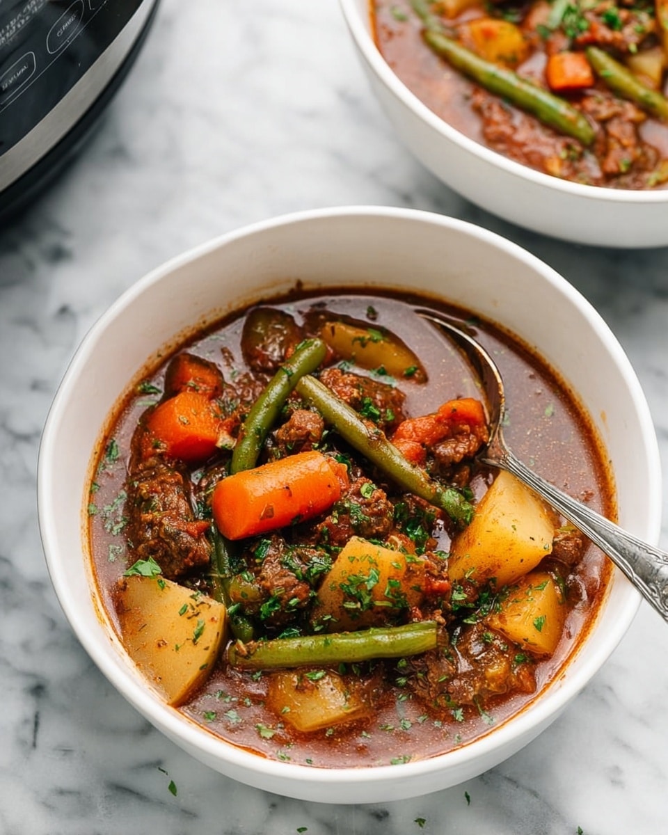 A white bowl filled with a thick brown stew showing layers of chunky vegetables and meat. On top, there are bright orange carrot slices, pale yellow potato pieces, and green beans scattered throughout. The stew base is dark brown with visible bits of tomato and herbs sprinkled on the surface, adding specks of green. A silver spoon rests inside the bowl on the right side. The bowl sits on a white marbled surface, and in the background, a second white bowl holds more stew. Photo taken with an iphone --ar 4:5 --v 7