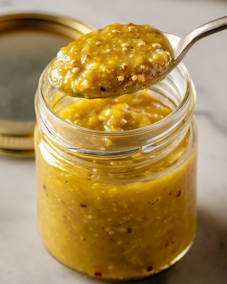 A close-up view of a clear glass jar filled with a chunky yellow pickle relish that has visible small bits of mustard seeds and other spices, showing a thick and textured consistency. A silver spoon lifting a portion of the relish above the jar reveals the scoop's uneven surface with some seeds and spices scattered throughout. The jar sits on a white marbled surface with the jar's silver metal lid placed nearby. The overall color palette is warm yellow and gold tones with shiny glass and metal reflections. photo taken with an iphone --ar 4:5 --v 7