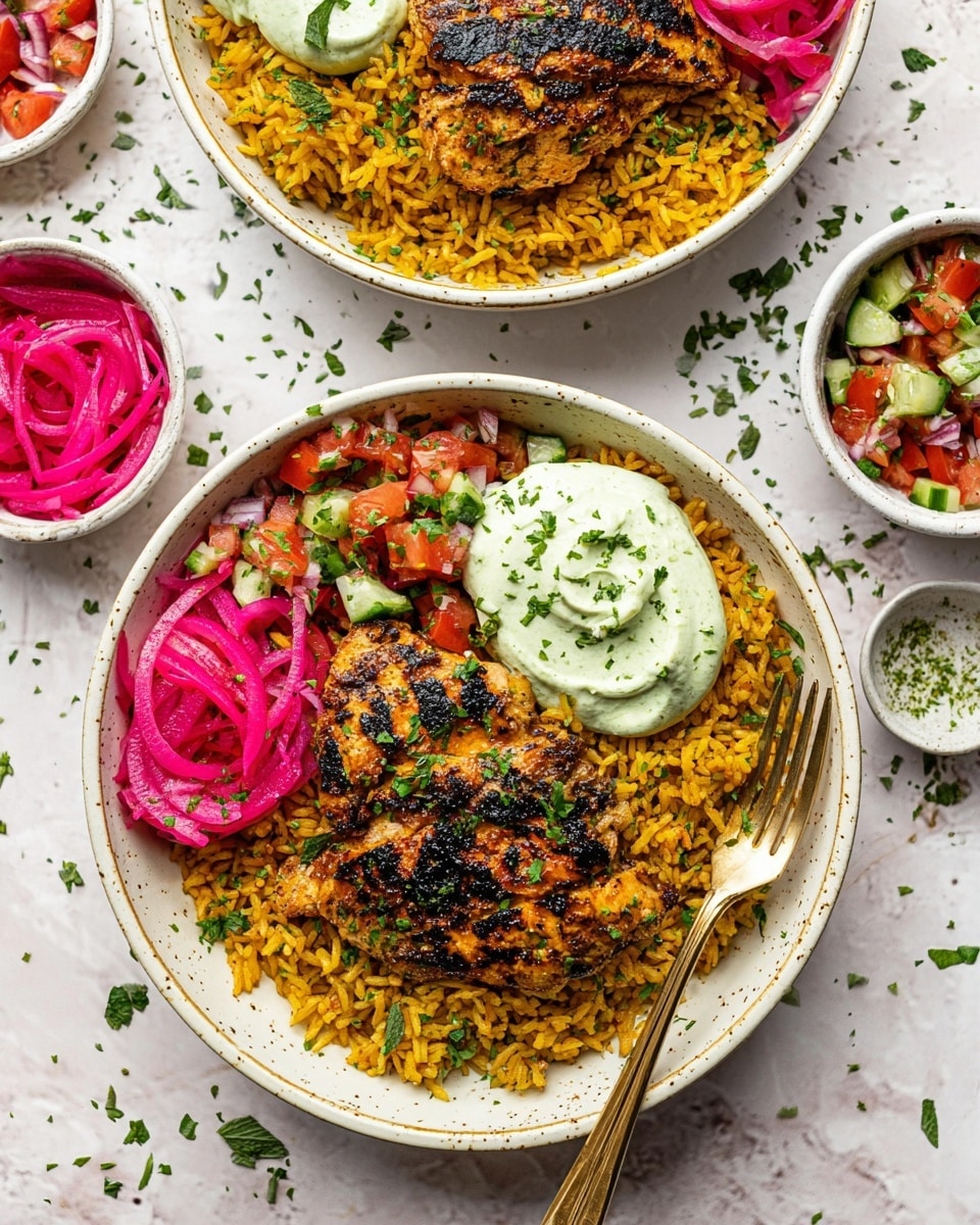 Two white bowls filled with a grilled piece of chicken with dark char marks, placed on a bed of yellowish-orange seasoned rice, garnished with chopped green herbs. To the side of the chicken is a small pile of bright red pickled onion strips and a scoop of pale green creamy sauce sprinkled with herbs. Next to the chicken and rice, there is a colorful fresh salad made of finely chopped red tomatoes, green cucumbers, and onions mixed with herbs. A gold fork rests inside the bottom bowl on the right side. Around the bowls are small white bowls, one with bright pink pickled onions and another with pale green sauce, all arranged on a white marbled surface with small bits of chopped green herbs scattered around. Photo taken with an iphone --ar 4:5 --v 7
