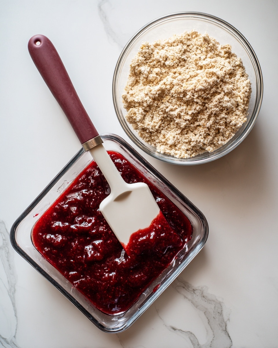 The image shows a clear square glass dish with a thick, glossy, dark red jam spread evenly across the bottom layer. A white spatula with a dark red handle rests on top, partially covered with the same jam. To the right, there is a clear round glass bowl filled with a light beige crumbly mixture that has visible oats, looking dry and coarse in texture. Everything sits on a white marbled surface. photo taken with an iphone --ar 4:5 --v 7