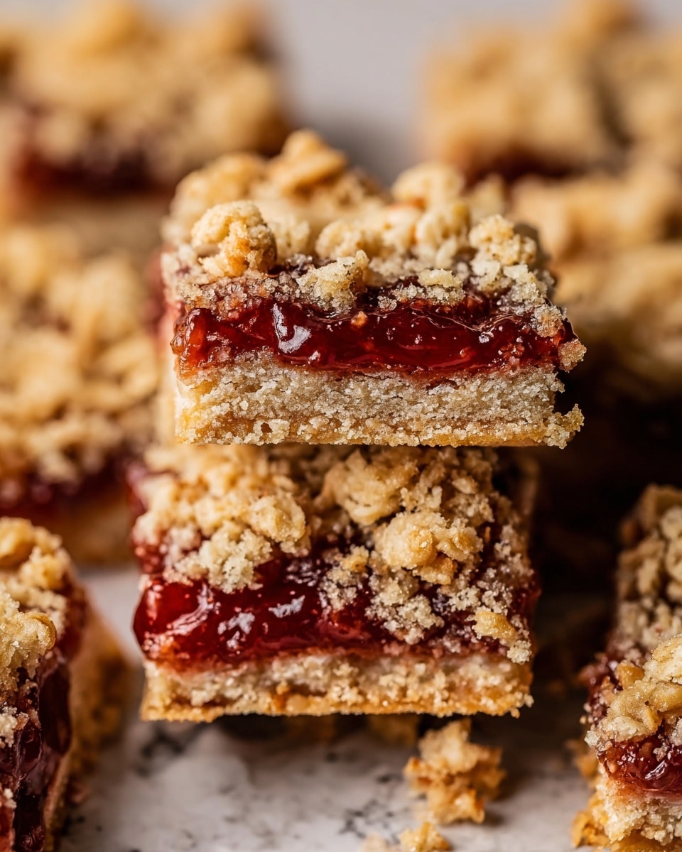 The image shows close-up pieces of oat crumble bars stacked together on a white marbled surface. Each bar has three layers: a bottom layer of light golden, crumbly oat crust with a rough texture; a middle layer of shiny, thick red jam that looks sticky and smooth; and a top layer of chunky oat crumble, light brown with visible oat flakes and small sugar clumps. The bars are unevenly shaped, adding a rustic look, and some crumbs are scattered around them. photo taken with an iphone --ar 4:5 --v 7