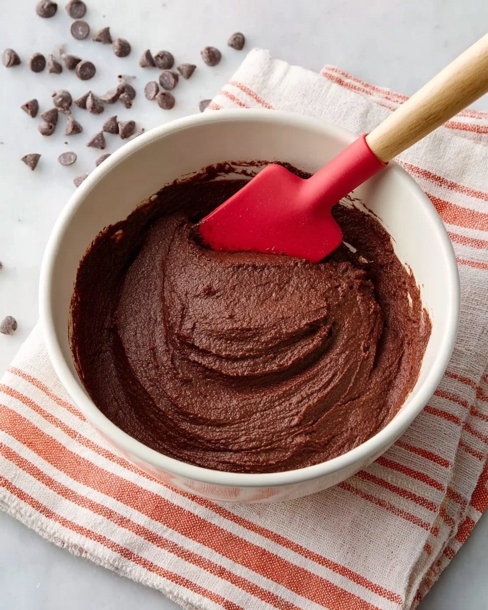 A white bowl filled with thick, smooth, dark brown chocolate dough or batter, with some texture showing slight ridges and swirls from stirring. A red spatula with a wooden handle rests inside the bowl, partially covered by the batter. The bowl is placed on a white and orange striped cloth, with scattered chocolate chips around it on a white marbled surface. Photo taken with an iphone --ar 4:5 --v 7