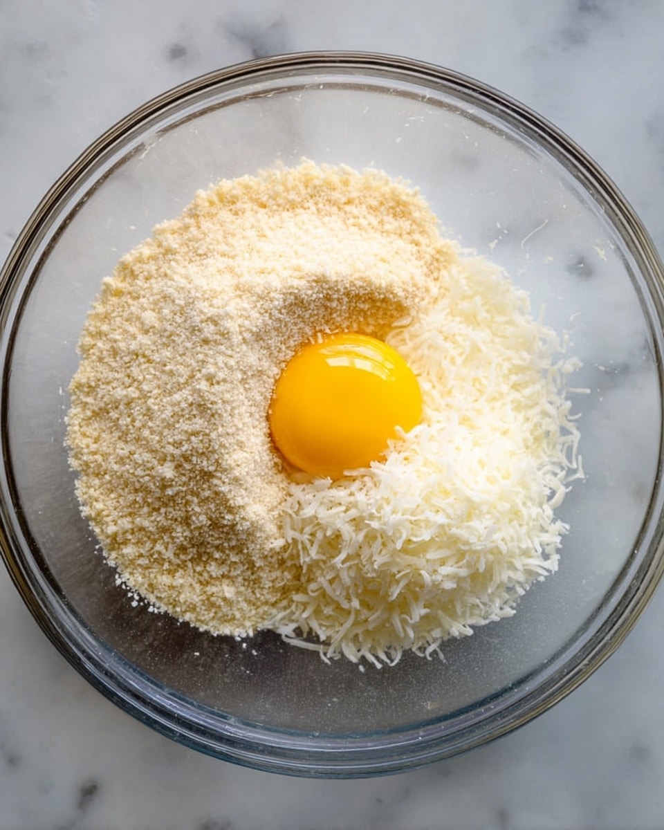 A clear glass bowl contains three main ingredients arranged in distinct sections: on the left is a mound of light beige breadcrumbs with a coarse texture, on the right is a pile of finely shredded white cheese, and at the bottom center is a raw egg with a bright yellow yolk resting in clear egg white. The bowl sits on a white marbled surface, and the photo is taken from above, showing the textures and colors clearly. photo taken with an iphone --ar 4:5 --v 7