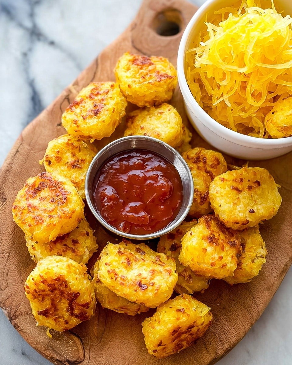 The image shows many small, golden yellow, crispy bites arranged on a wooden board. They have a rough texture with some browned spots, showing they are cooked and crunchy. In the middle of the board, there is a small silver round cup filled with thick reddish-brown sauce. To the right, part of a white bowl is visible, filled with some yellow shredded strands that look soft and fresh. The background is a white marbled texture. photo taken with an iphone --ar 4:5 --v 7