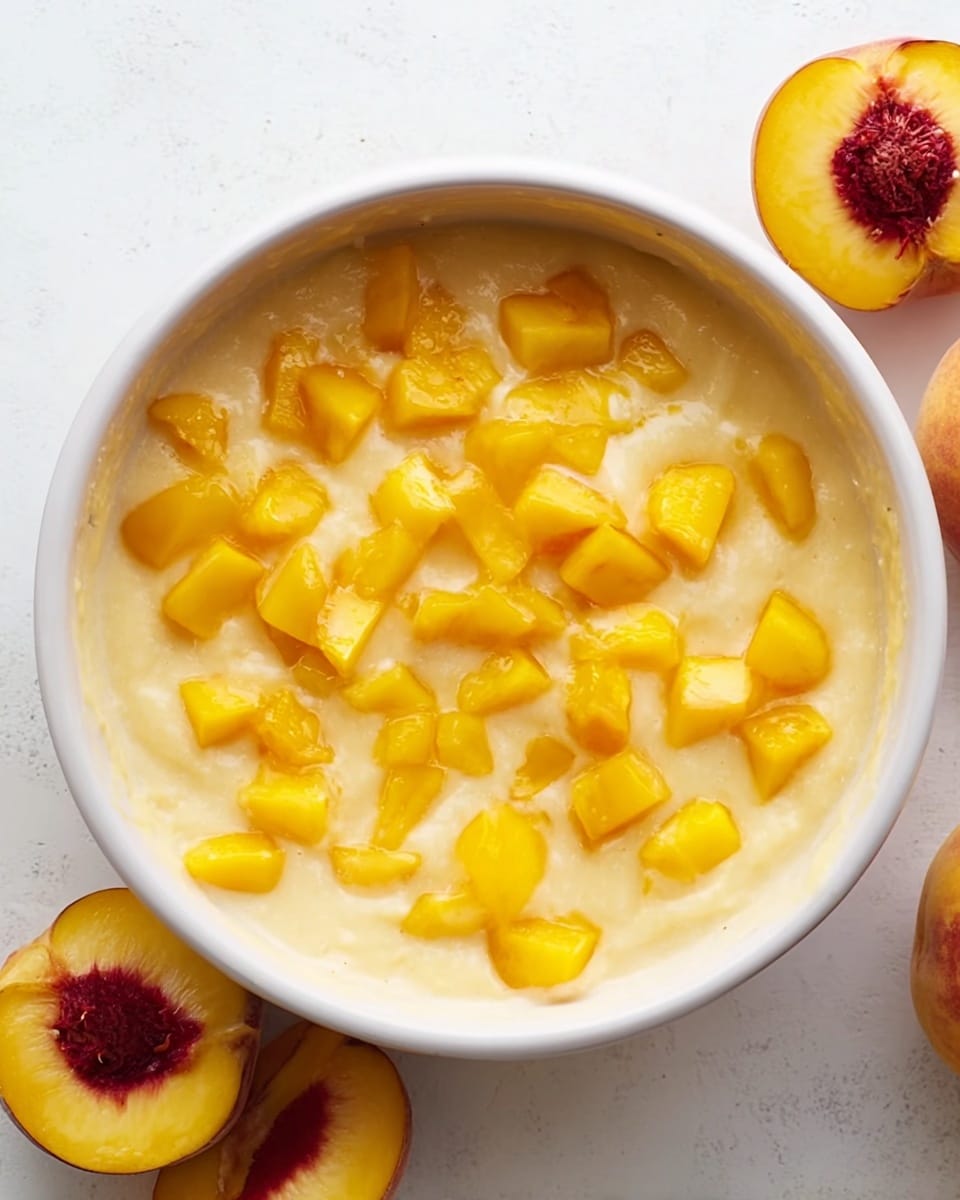A white bowl is filled with a smooth, thick creamy batter that covers the bottom and sides evenly, topped with a generous layer of small yellow-orange peach pieces scattered across the surface. Two peach halves with red centers are placed nearby on a white marbled surface, which serves as the background for this bright and fresh scene. The peach pieces contrast with the light color of the batter, creating a layered effect with clear texture differences. photo taken with an iphone --ar 4:5 --v 7