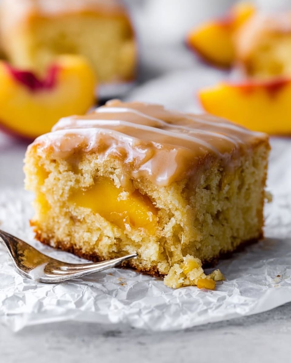 The image shows a square piece of yellow cake with visible chunks of peach inside, topped by a smooth light brown glaze that covers the entire surface. The cake has a soft, slightly crumbly texture with the peach pieces providing a juicy contrast within the cake layer. It sits on crumpled white parchment paper placed on a white marbled surface, with a silver fork resting beside the cake on the left side. In the background, blurred peach slices and a blurred piece of the same cake are visible. Photo taken with an iphone --ar 4:5 --v 7