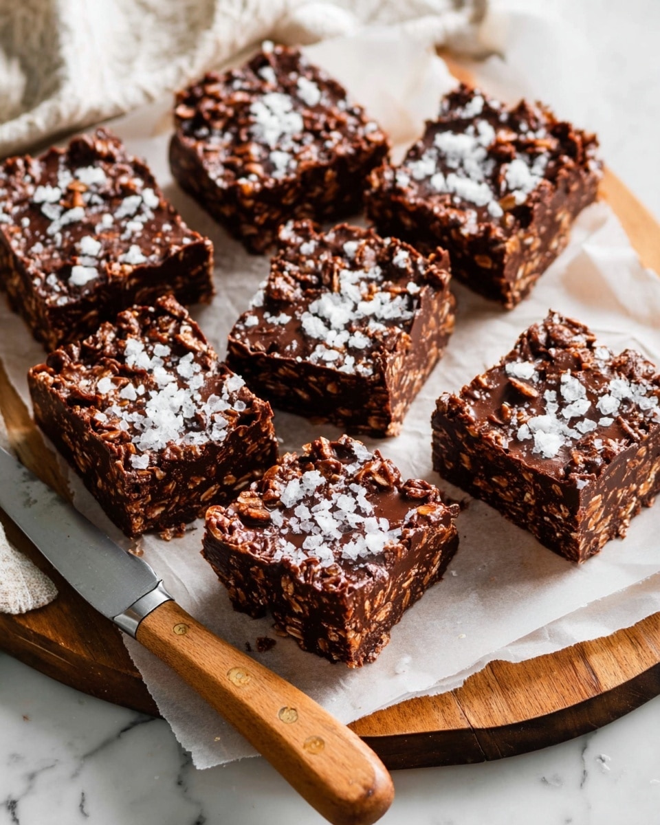 The image shows eight square pieces of a chocolate dessert with bits of nuts or oats mixed in, each square topped with a sprinkle of coarse sea salt. The texture looks crunchy and dense with a glossy chocolate coating holding the ingredients together. The pieces are arranged on white parchment paper, which is placed on a wooden board. A wooden-handled knife rests next to the dessert on the board. The background is a white marbled surface. photo taken with an iphone --ar 4:5 --v 7