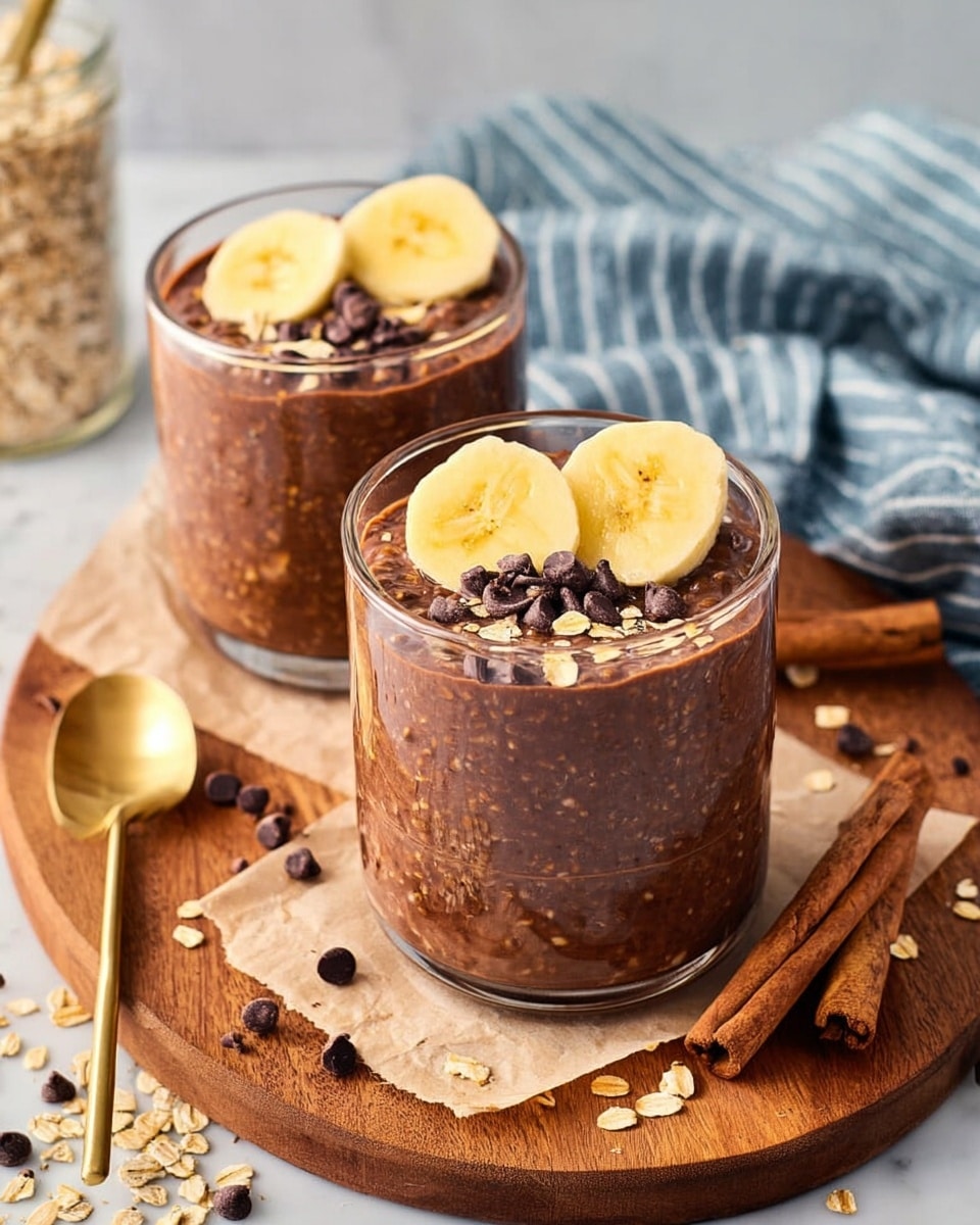 Two transparent glasses are filled with thick dark brown oatmeal mixed with chocolate bits, showing visible oats throughout. Each glass is topped with two thick slices of yellow banana resting on the chocolate oatmeal. The glasses sit on a rustic wooden board with a piece of parchment paper underneath. Around the glasses are scattered dark chocolate chips and light oats, along with two cinnamon sticks placed near a golden spoon and a knife. The background features a soft white marbled texture and a blue and white striped cloth draped in the back. photo taken with an iphone --ar 4:5 --v 7