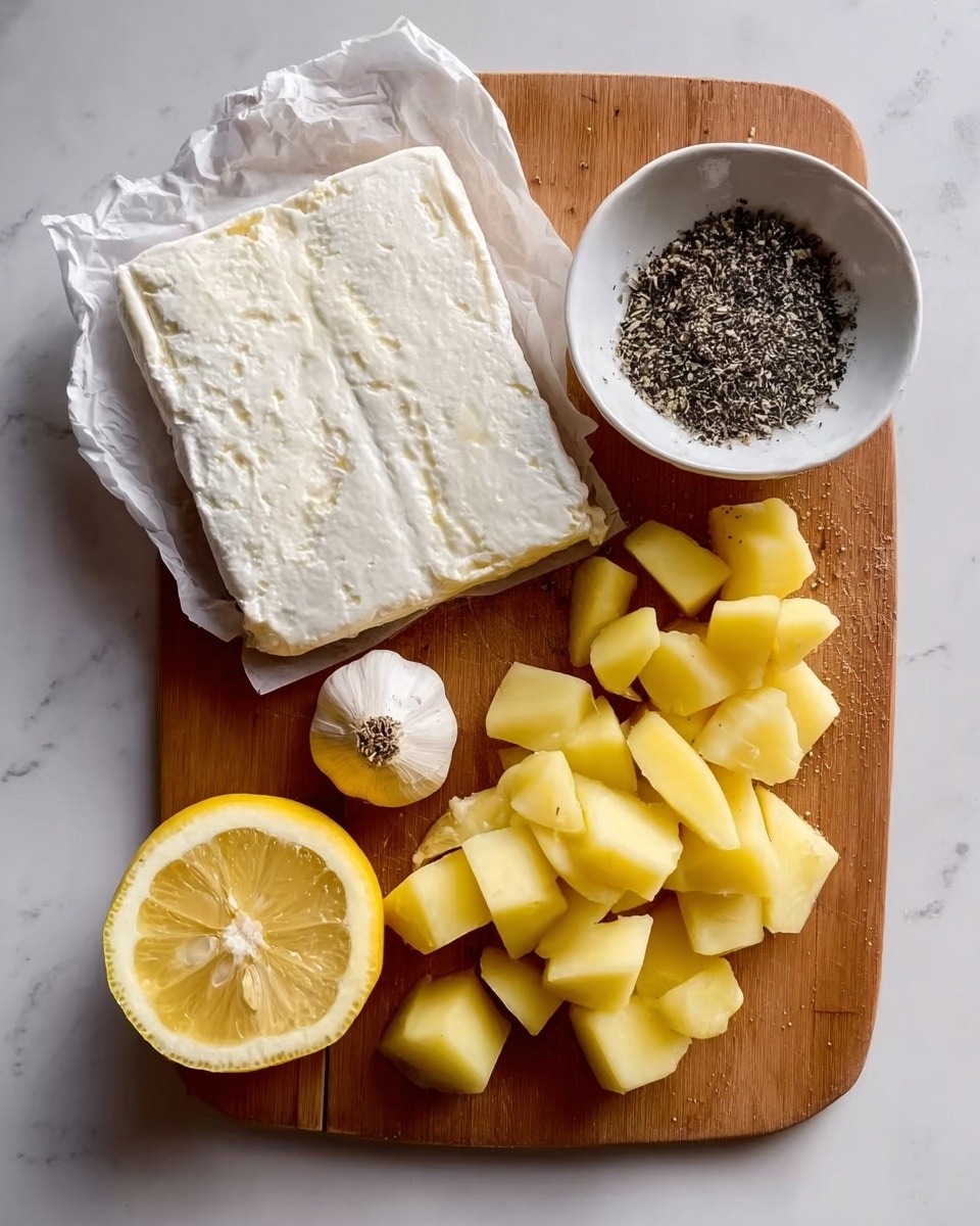 The image shows a wooden board with various ingredients neatly arranged on a white marbled surface. On the left side, there is a rectangular block of white cheese with a slightly crumbly texture, partially wrapped in white paper. Next to it, on the top right, is a white bowl filled with black and white dried seasoning. Below the bowl is a half lemon placed cut side up, showing its bright yellow juicy flesh. Near the center is a small round piece of garlic with the top sliced off to reveal the cloves inside. To the bottom right, there are many small yellow potato cubes grouped together. Another half lemon, also cut side up, is placed on the left side of the potatoes. The arrangement highlights the contrast between the smooth cheese, shiny lemon flesh, rough garlic, and diced potato pieces, all set against the soft texture of the wooden board and white marbled background. photo taken with an iphone --ar 4:5 --v 7