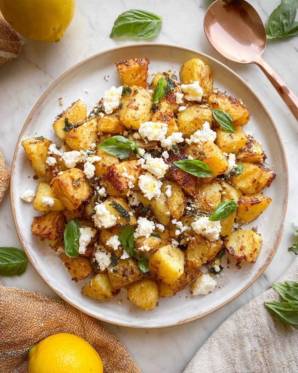 A white plate holds roasted golden-brown potato chunks with a crispy texture. The potatoes are mixed with white, crumbly cheese spread unevenly over them. Scattered over the top are thin slices of fresh green basil, adding a touch of bright color. The plate rests on a white marbled surface, surrounded by scattered basil leaves, a textured beige cloth, a bright yellow lemon piece on the left, and a rose gold spoon above the plate. Photo taken with an iphone --ar 4:5 --v 7