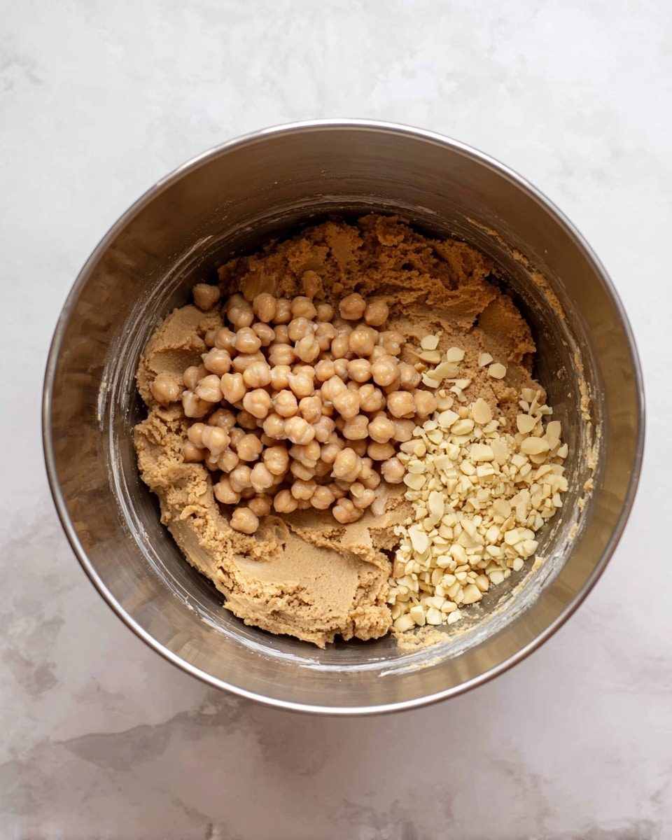 A shiny steel mixing bowl on a white marbled surface holds three main layers: a thick, light brown dough spread around the sides and bottom of the bowl, a cluster of small round chickpeas piled in the center on top of the dough, and a layer of small pale yellow nut pieces scattered on one side above the dough. Photo taken with an iphone --ar 4:5 --v 7