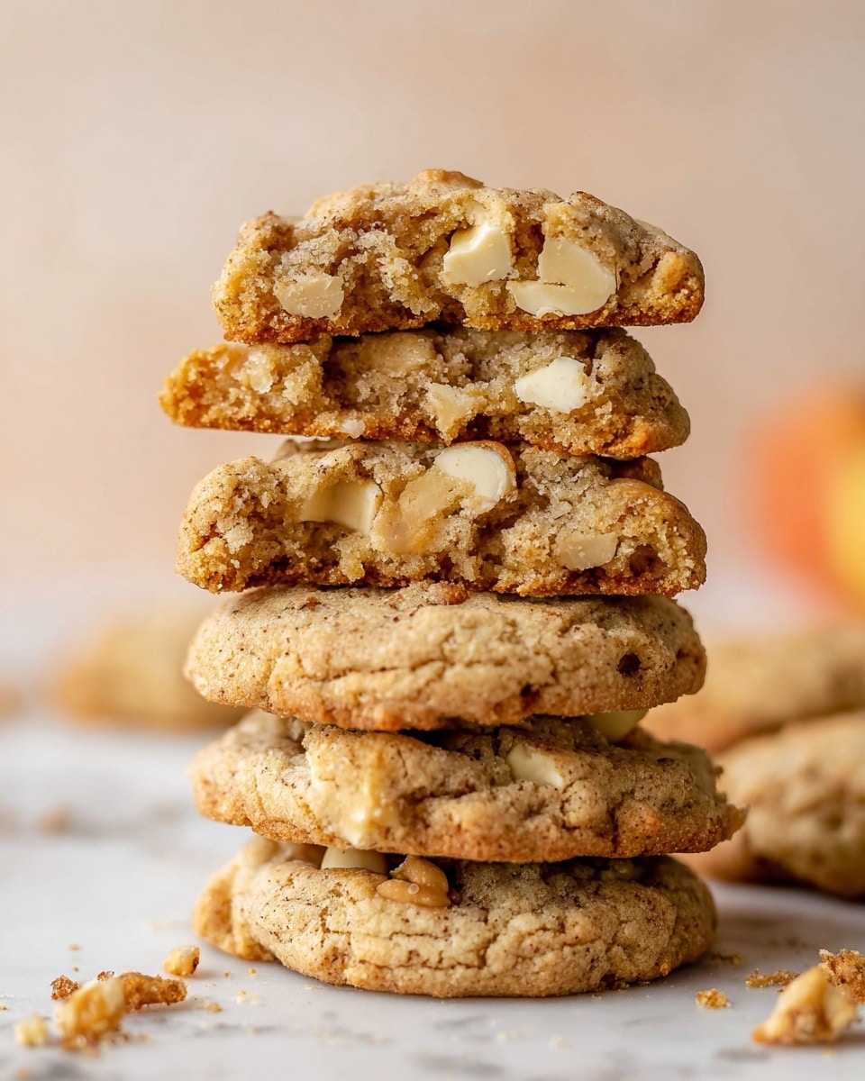 A stack of five thick, crumbly cookies is shown on a white marbled surface. The bottom three cookies have a light golden color with visible chunks of white chocolate and nuts embedded inside, giving them a textured look. The top two cookies are split in half to display their soft, crumbly inside, which is a mix of light brown and cream colors with more white chocolate pieces. Crumbs are scattered around the base of the cookies. The background is softly blurred with pale, warm colors. Photo taken with an iphone --ar 4:5 --v 7