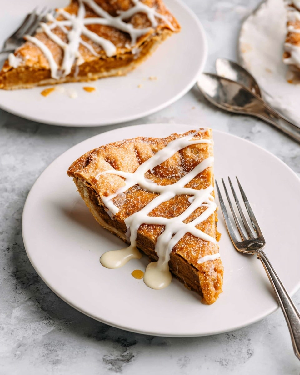 A golden brown slice of pie sits on a white round plate, topped with a white icing drizzle that forms a crisscross pattern and a small dollop near the bottom edge. The pie crust looks crispy with a slightly rough texture from sugar crystals. A silver fork rests on the plate beside the pie slice. In the background, another partial white plate shows more pie with the same icing, and a silver serving utensil lies nearby on a white marbled surface. photo taken with an iphone --ar 4:5 --v 7