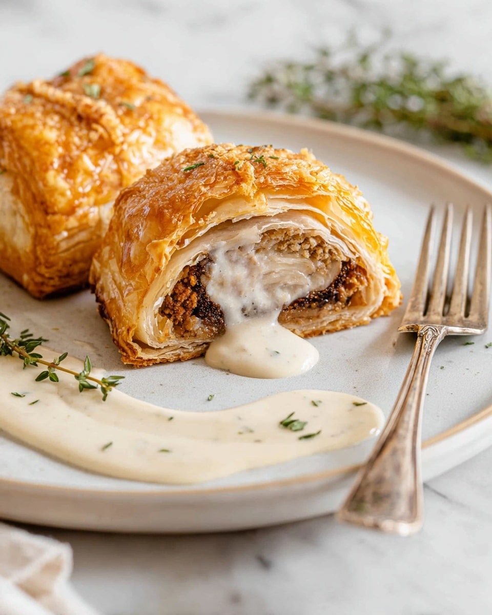 Two pieces of golden-brown puff pastry on a white plate with a white marbled background; the front piece is cut in half showing three layers: a crunchy golden outer layer, a middle layer of dark brown filling, and a thick inner layer of light cooked meat; a creamy white sauce with herbs is drizzled on top and spread on the plate in a curved shape; a small green thyme sprig lies near the sauce, and an antique silver fork is placed on the right side of the plate photo taken with an iphone --ar 4:5 --v 7