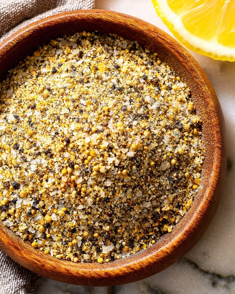A close-up image of a wooden bowl filled with a coarse, mixed seasoning blend that includes visible grains of salt, cracked black pepper, and yellowish mustard seeds. The bowl is placed on a white marbled texture, with a part of a lemon slice shown at the top right corner. The seasoning mix has a rough texture with a mix of small, crunchy bits in different shades of yellow, black, and white. photo taken with an iphone --ar 4:5 --v 7
