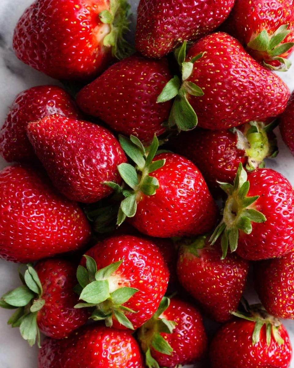 A close-up view of many fresh strawberries piled together showing their bright red skin dotted with tiny seeds and fresh green leaves on top. They fill the frame fully with their shiny texture and different shapes and sizes, resting on a white marbled surface. The strawberries look vibrant and juicy, with some highlights reflecting light on their smooth red skin. photo taken with an iphone --ar 4:5 --v 7