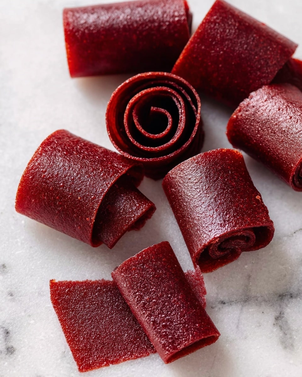 This image shows six pieces of deep red fruit leather rolls placed on a white marbled surface. Four of the rolls are loosely rolled, showing a smooth and slightly shiny texture with a rich dark red color and a few small air bubbles. Two rolls are tightly coiled, displaying spiraled layers and a darker inner color. Some flat pieces lie beneath the rolls, showing a thin, slightly wrinkled texture with a deep red shade. The overall look is neat with a mix of smooth and textured surfaces photo taken with an iphone --ar 4:5 --v 7