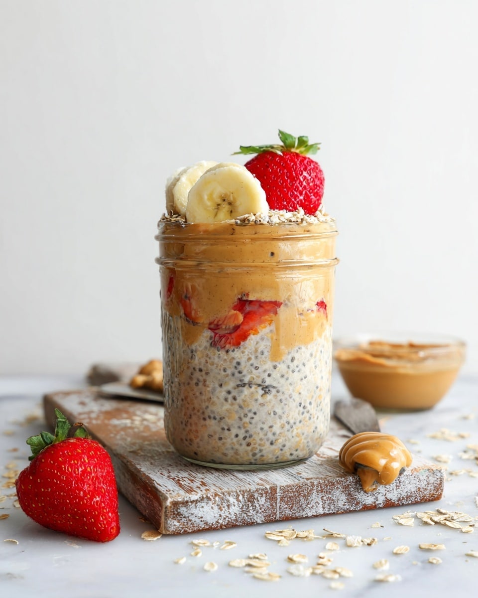 A clear jar filled with four visible layers shows a base layer of black chia seeds, topped with a creamy oatmeal layer blending with peanut butter, giving it a marbled tan and light brown look, followed by a thicker creamy oatmeal layer with visible small black chia seeds, and finally topped with a fresh bright red strawberry with green leaves on the left and several light yellow banana slices on the right. The jar sits on a light wood board with a rustic texture on a white marbled surface, with a whole strawberry, peanut butter on a knife, and a bowl of oats scattered around. The photo taken with an iphone --ar 4:5 --v 7